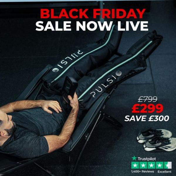 A direct-response social media ad showcasing a user resting with recovery boots, featuring bold sale pricing and social proof for an immediate conversion impact.